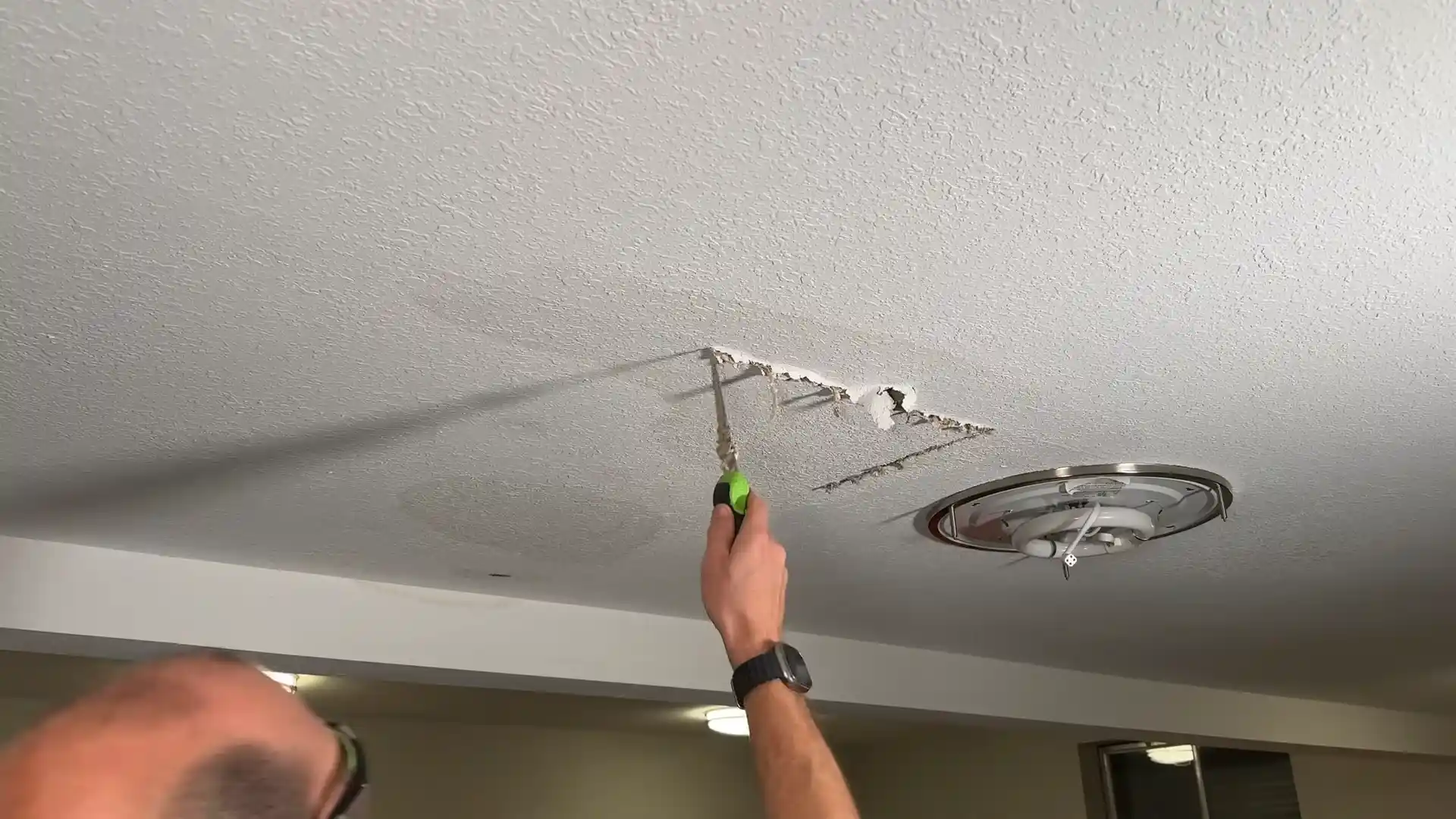 moisture mapping a Bradbury Ranch two-story ceiling stain under a master bathroom