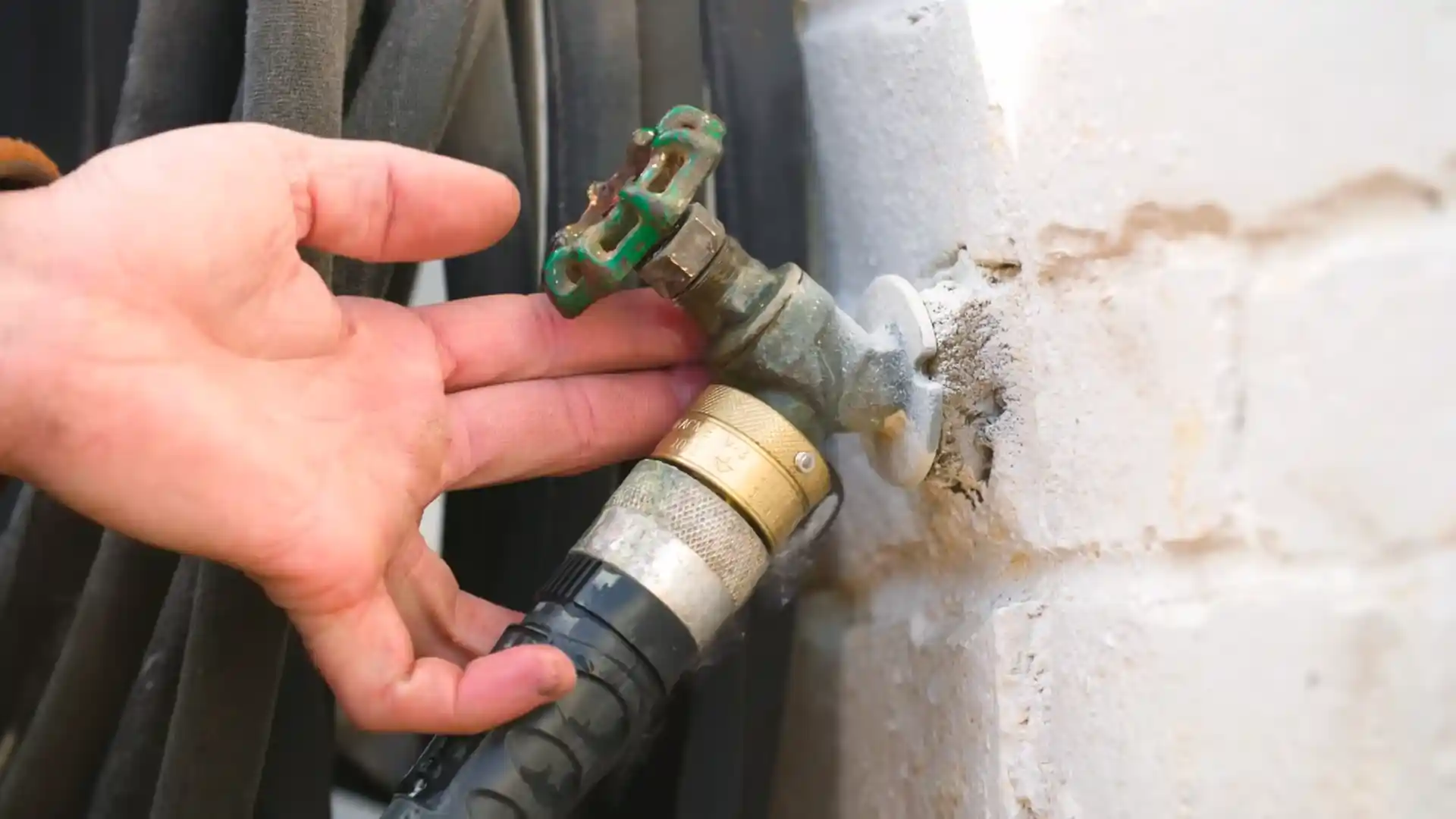 frost-proof hose bib inspection at the exterior wall of a Stroh Ranch home