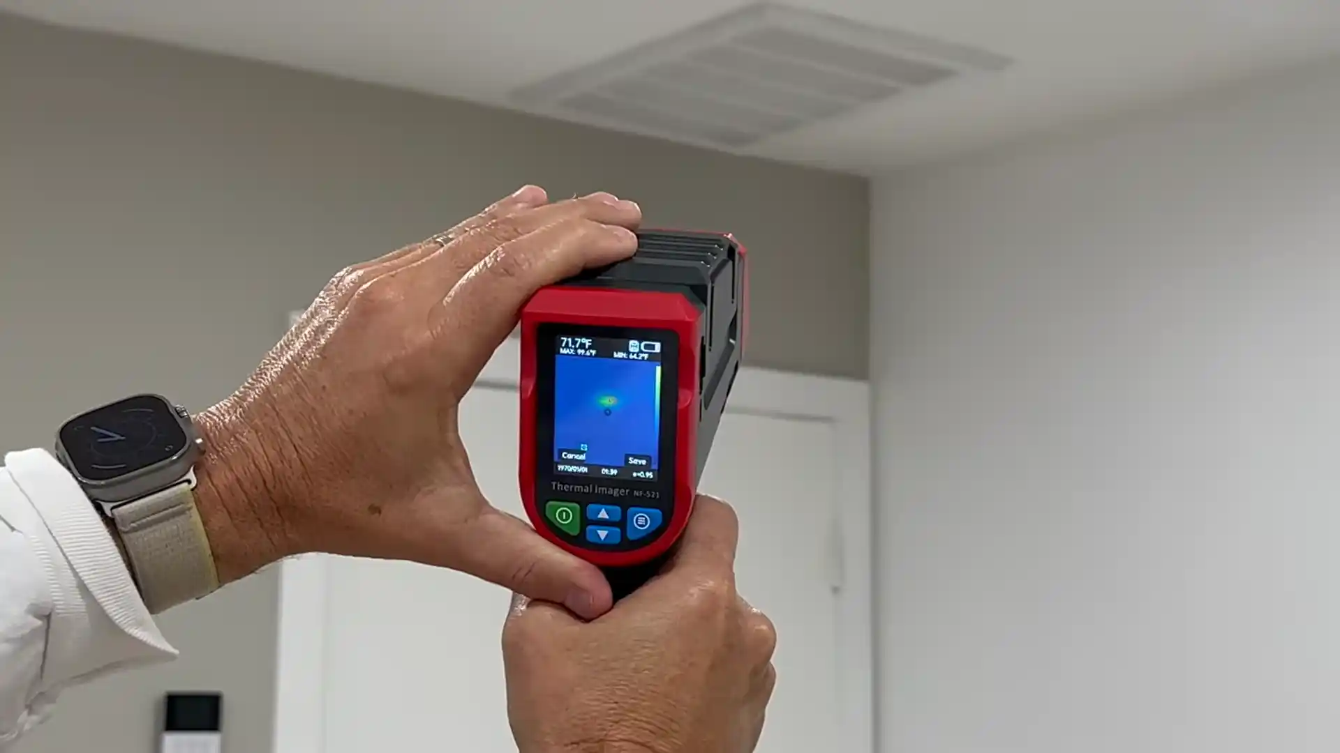 thermal imaging camera scanning a ceiling for hidden moisture in a Bradbury Ranch master bedroom