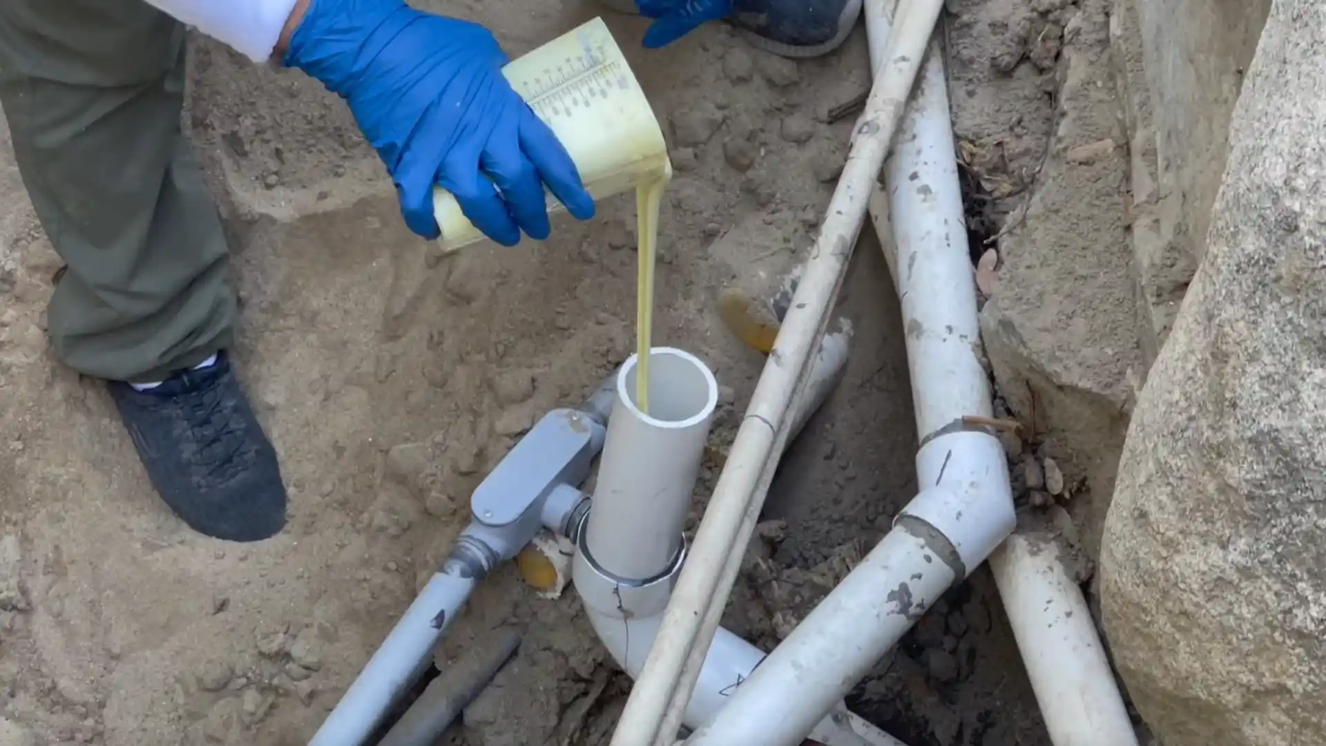 pipe bursting equipment at an access pit during a Stonegate sewer lateral replacement